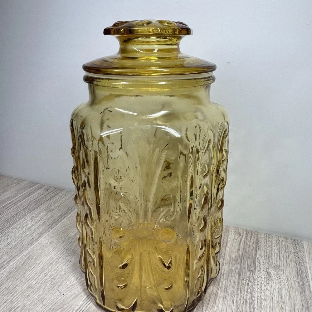 Amber‎ Glass Apothecary Jar Canister Lid Vintage Floral Embossed 9in